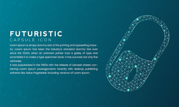 blue futuristic capsule icon concept with polygon node connected dots and neon effect