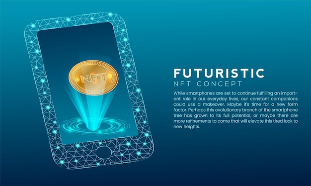 Blue futuristic hud, mobile phone, golden nft coin with polygon node connected dots and neon effect