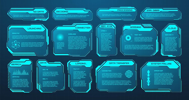 Blue futuristic hud or ui elements scifi user interface text boxes callouts warning message frames