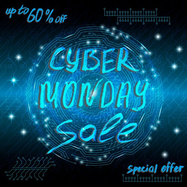 blue futuristic technological background in cyberpunk style cyber monday the inscription is painted by hand with brush lettering for design of postcards calendar poster banner