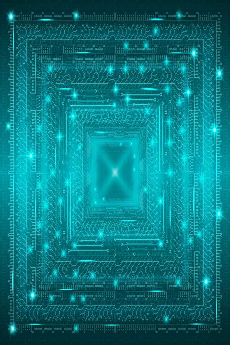 Vector blue futuristic technological background in cyberpunk style digital art design of postcards poster b...