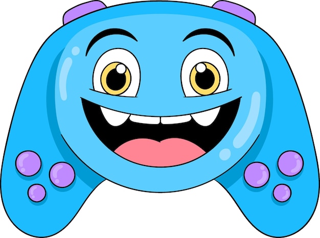 blue gamepad cartoon logo with a laughing face creative image