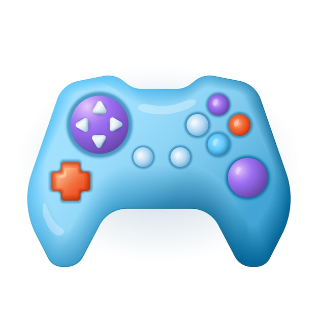 Vector blue gamepad with colorful buttons 3d illustration. cartoon drawing of joystick or controller for playing games in 3d style on white background. technology, entertainment, leisure, gaming concept