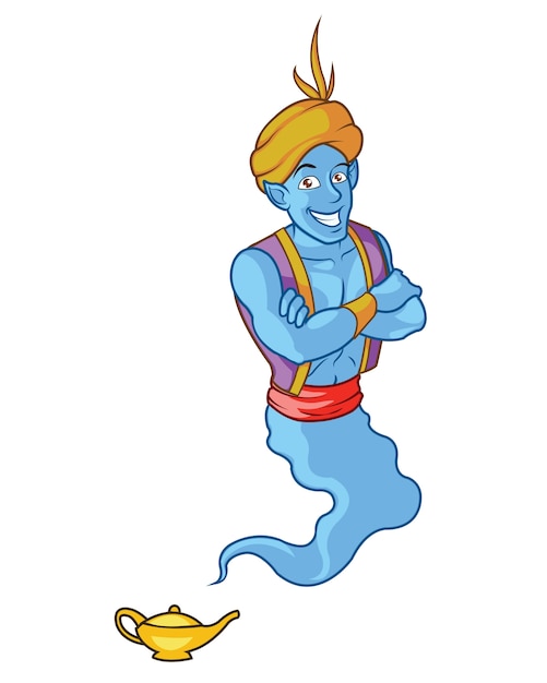 Vector blue genie coming out of the lamp