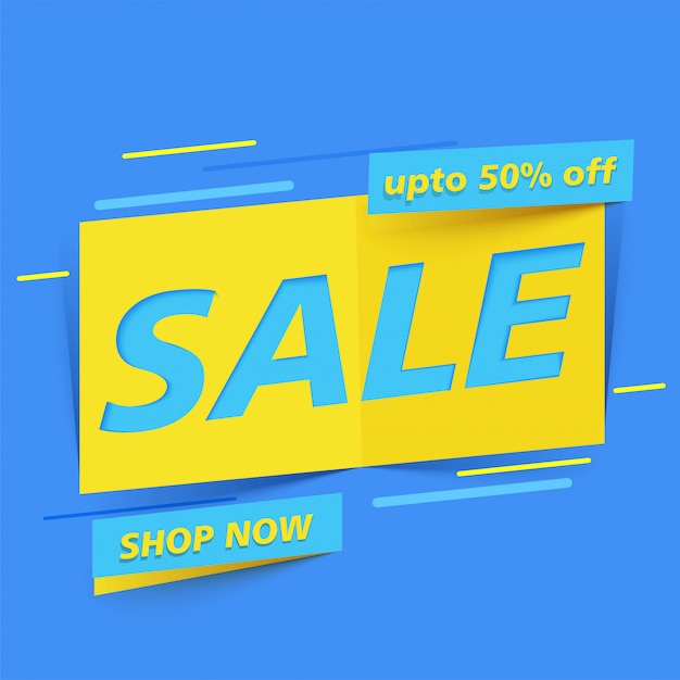 Blue geometric sale banner with 50% discount offer