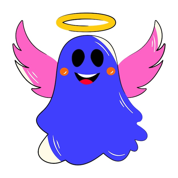 A blue ghost with angel wings and a halo on its wings is flying.