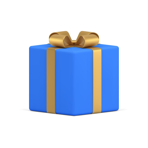 Blue gift box golden bow ribbon festive present surprise 3d icon realistic vector illustration