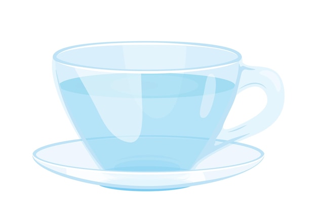 Blue glass cup and saucer with water Transparent blue glass Vector illustration on white background