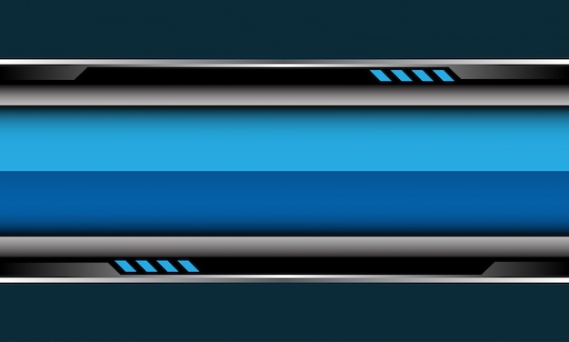 Blue glossy banner silver black cyber circuit on grey futuristic background.