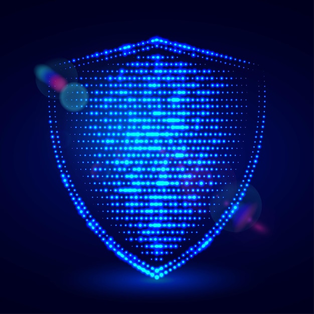 blue glowing digital shield made of light dots protect and security concept illustration
