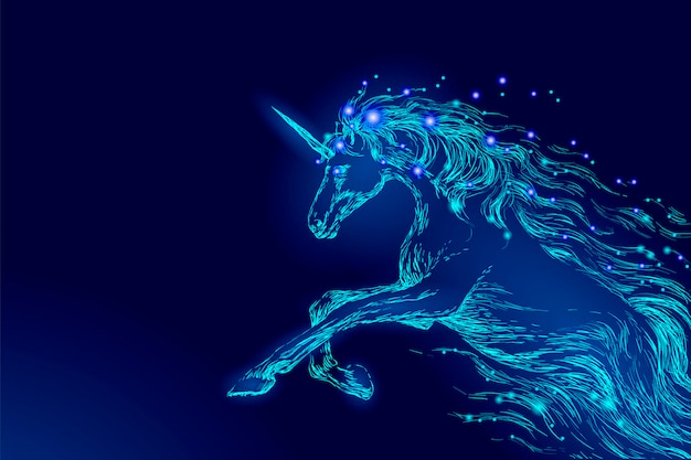 Blue glowing horse unicorn riding night sky star creative decoration magical backdrop shining cosmos...