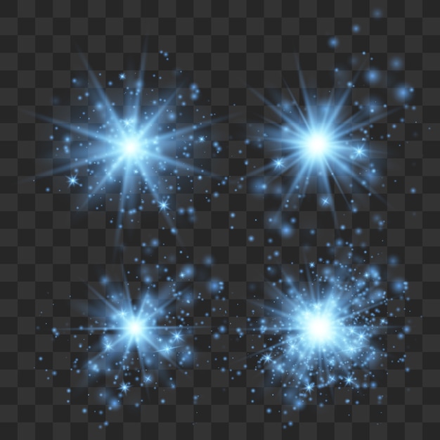 Blue Glowing lights effect, flare, explosion and stars. Set of white glowing lights effects