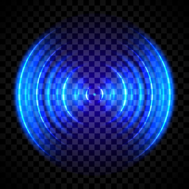 Vector blue glowing ring sonar sound wave signal concentric circle radio station signal water ripple with circle waves isolated on transparent background