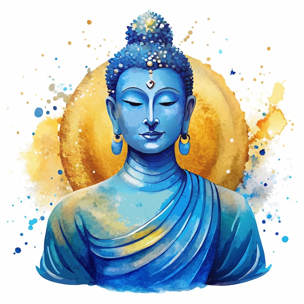 A blue and gold Buddha statue with gold beads on its head The statue is surrounded by gold circles and has a peaceful and serene expression