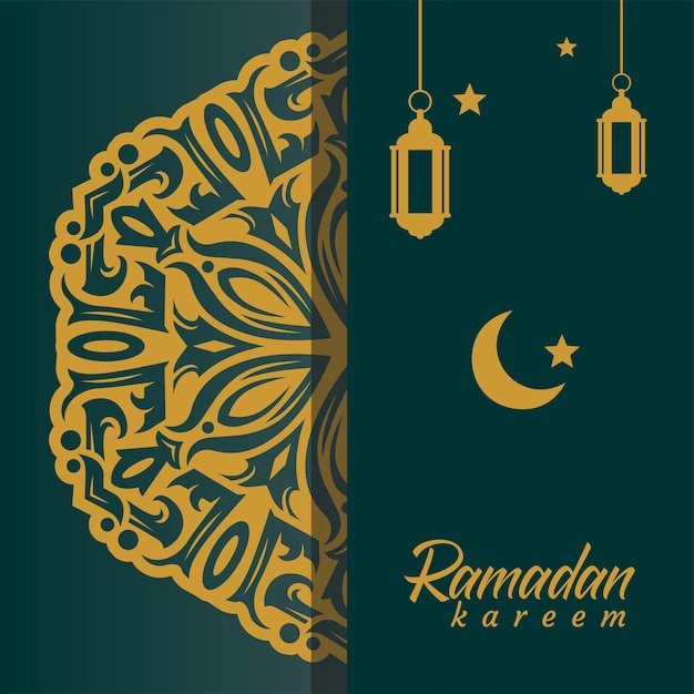 A blue and gold card with a ramadan kareem and moon.