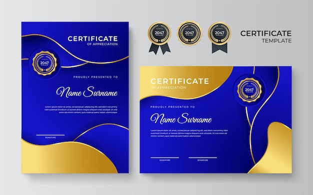 Blue and gold certificate of achievement border template with luxury badge and modern line pattern for award business award achievement and education needs