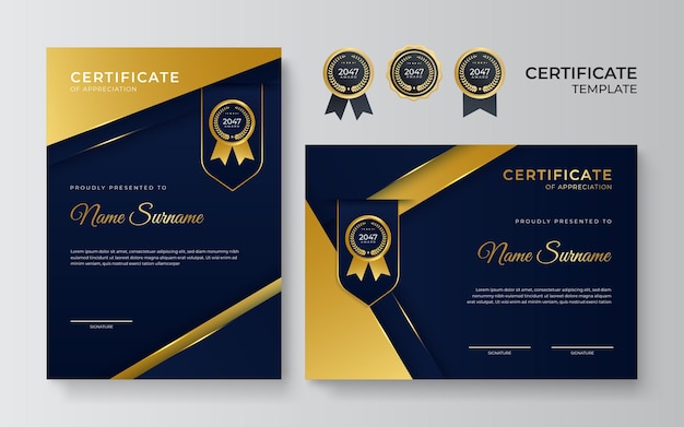 Modello di confine certificato blu e oro con badge di lusso e modello di linea moderno per il conseguimento del premio aziendale e le esigenze educative