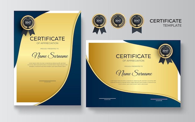 Modello di confine certificato blu e oro con badge di lusso e modello di linea moderno per il conseguimento del premio aziendale e le esigenze educative