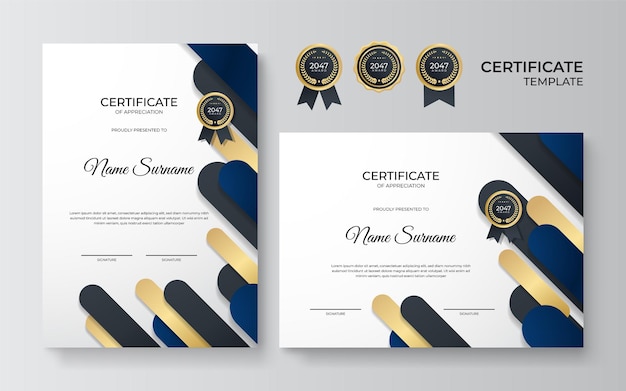 Blue and gold certificate of achievement border template with luxury badge and modern line pattern For award business award achievement and education needs