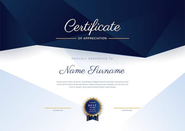 Blue and gold certificate of achievement border template with luxury badge and modern line pattern For award business and education needs