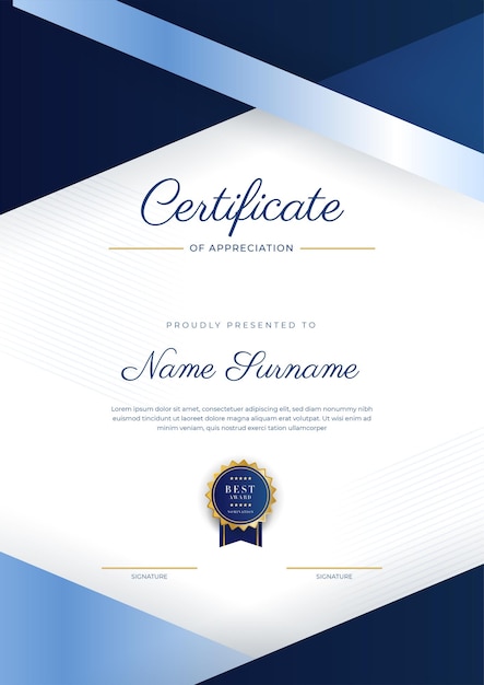 Blue and gold certificate of achievement border template with luxury badge and modern line pattern For award business and education needs