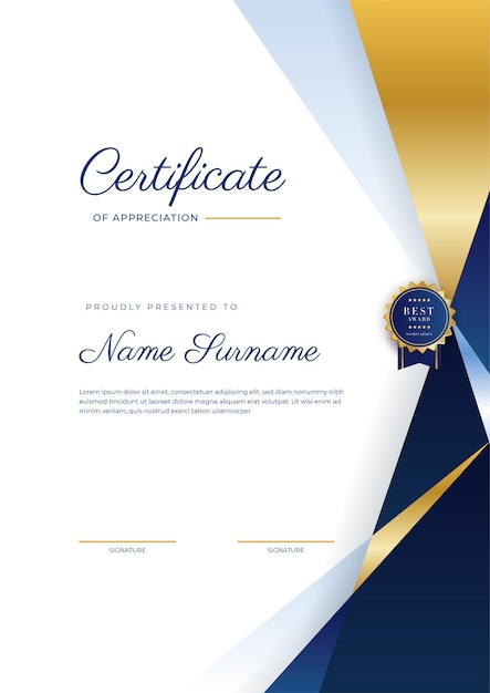 Blue and gold certificate of achievement border template with luxury badge and modern line pattern for award business and education needs