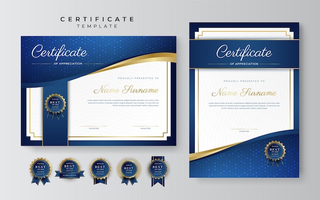 Blue and gold certificate of achievement border template with luxury badge and modern line pattern For award business and education needs