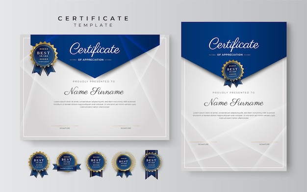 Blue and gold certificate of achievement border template with luxury badge and modern line pattern For award business and education needs