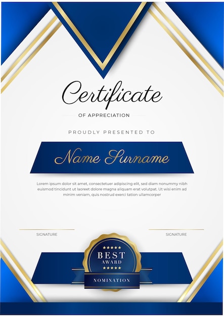 Blue and gold certificate of achievement border template with luxury badge and modern line pattern For award business and education needs