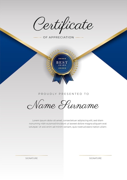 Blue and gold certificate of achievement border template with luxury badge and modern line pattern for award business and education needs