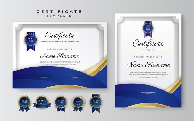 Blue and gold certificate of achievement border template with luxury badge and modern line pattern For award business and education needs