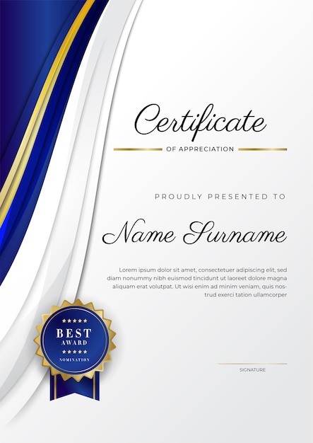 Blue and gold certificate of achievement border template with luxury badge and modern line pattern For award business and education needs