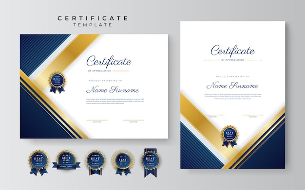 Modello di bordo certificato blu e oro con badge di lusso e motivo a linee moderne per esigenze aziendali e educative