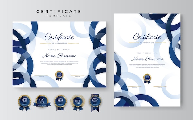 Modello di bordo certificato blu e oro con badge di lusso e motivo a linee moderne per esigenze aziendali e educative