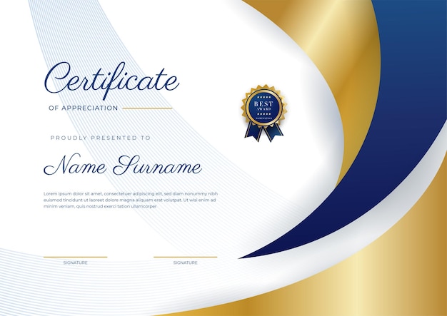 Blue and gold certificate of achievement border template with luxury badge and modern line pattern For award business and education needs