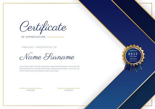 Blue and gold certificate of achievement border template with luxury badge and modern line pattern for award business and education needs