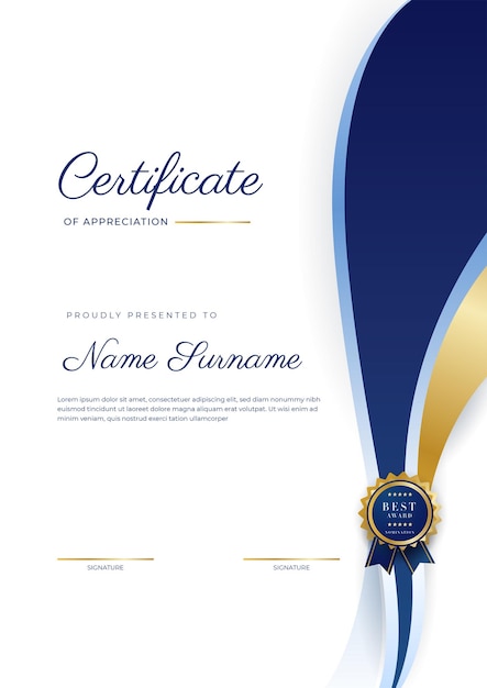 Blue and gold certificate of achievement border template with luxury badge and modern line pattern For award business and education needs