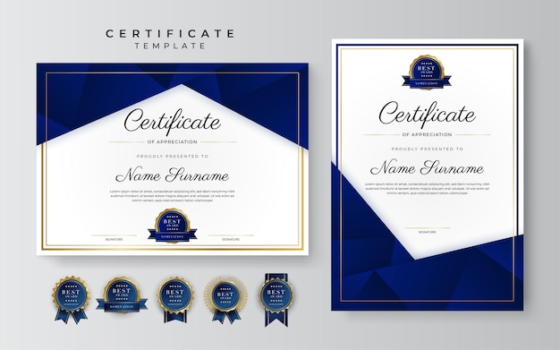 Blue and gold certificate of achievement border template with luxury badge and modern line pattern For award business and education needs