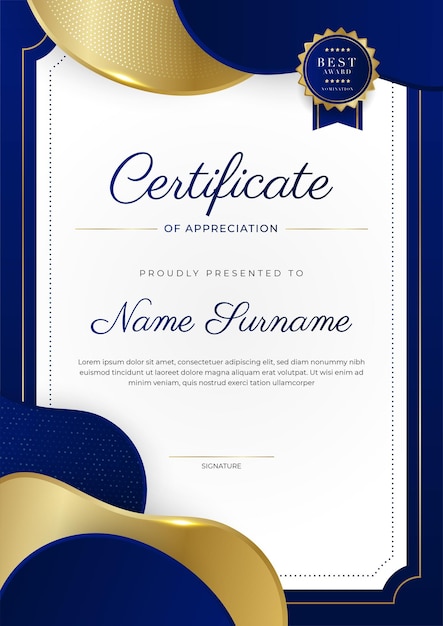 Blue and gold certificate of achievement border template with luxury badge and modern line pattern For award business and education needs