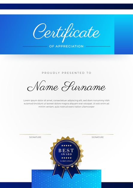 Blue and gold certificate of achievement border template with luxury badge and modern line pattern For award business and education needs