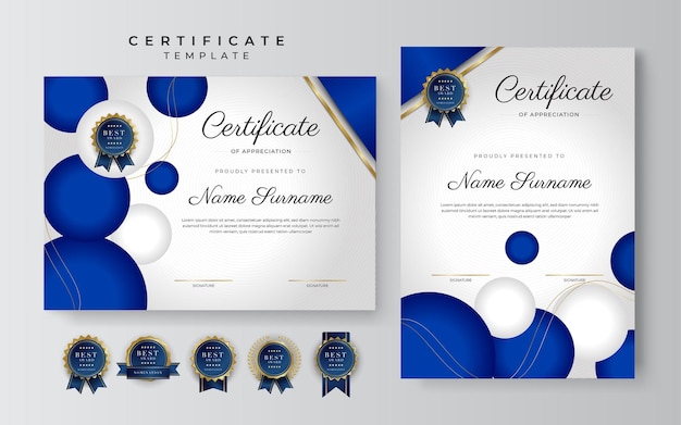 Blue and gold certificate of achievement border template with luxury badge and modern line pattern For award business and education needs