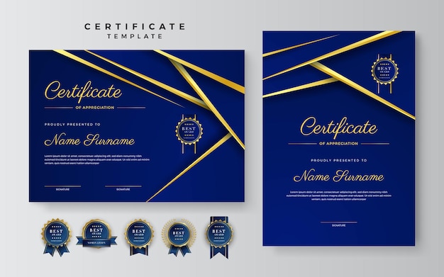 Blue and gold certificate of achievement border template with luxury badge and modern line pattern For award business and education needs