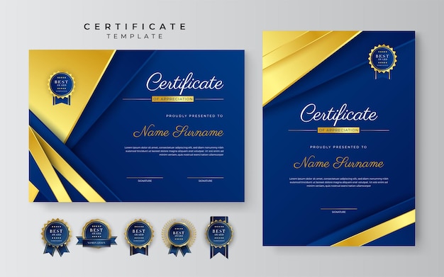 Blue and gold certificate of achievement border template with luxury badge and modern line pattern For award business and education needs