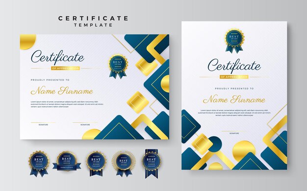 Blue and gold certificate of achievement border template with luxury badge and modern line pattern For award business and education needs