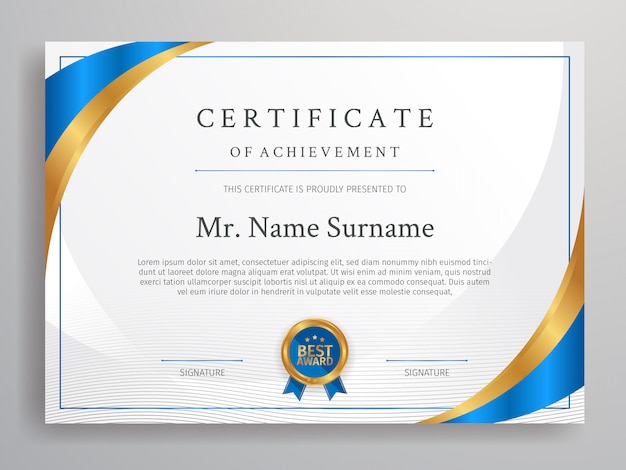 Blue and gold certificate of achievement border template