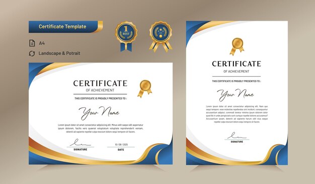 Vector blue and gold certificate of achievement template for award business and education needs