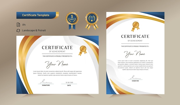 Vector blue and gold certificate of achievement template for award business and education needs