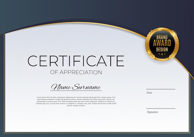 Vector blue and gold certificate of achievement template background with gold badge and border. award diploma design blank.