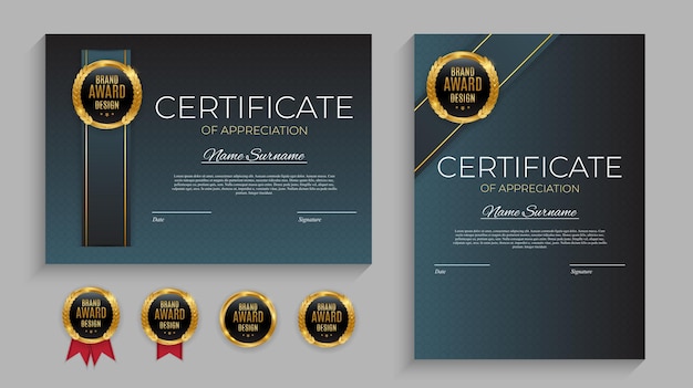 Vector blue and gold certificate of achievement template set with gold badge