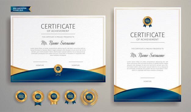 Blue and gold certificate of achievement template with badge